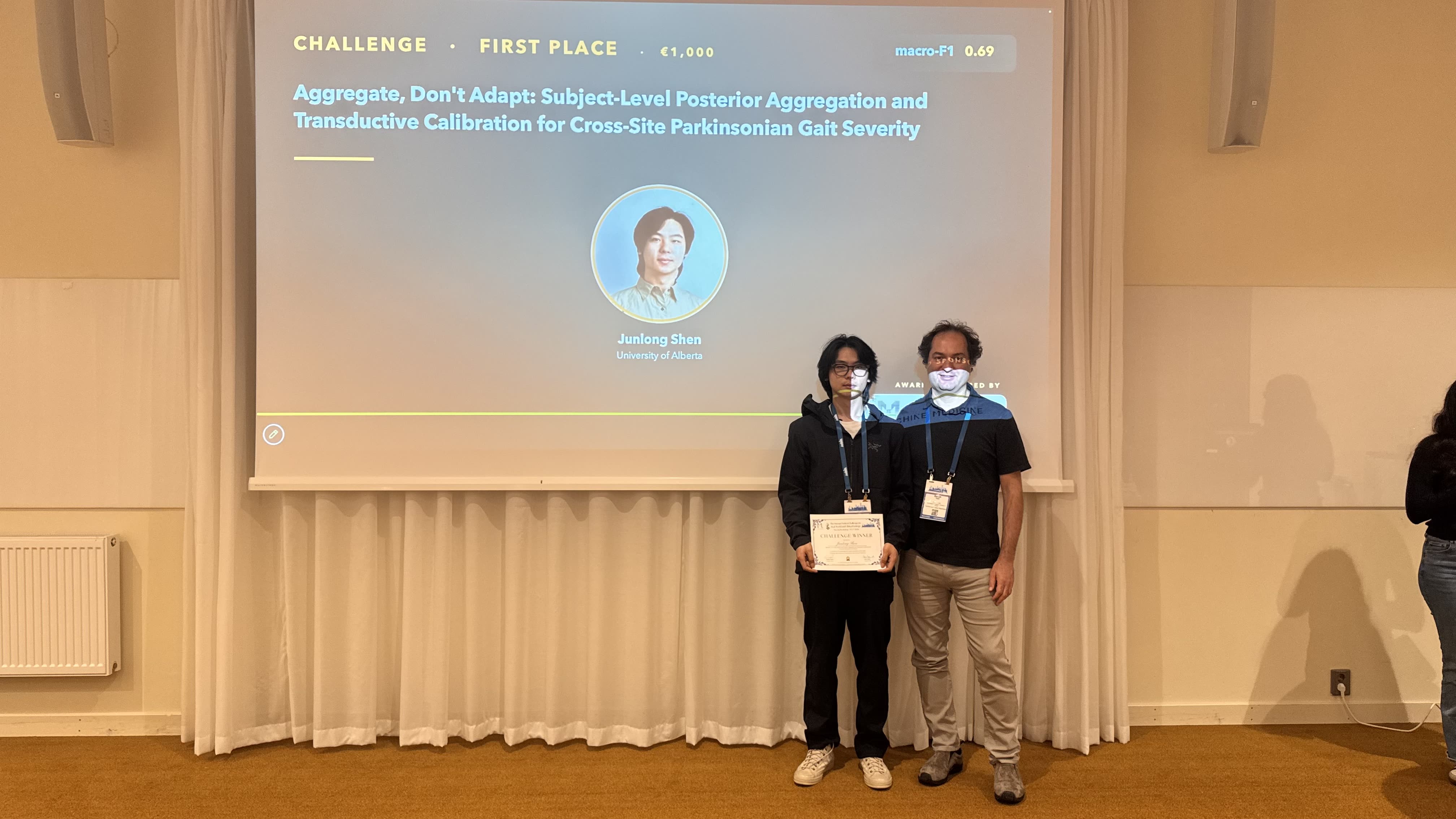 First place award presentation at the MoCha 2026 workshop, with the winning work displayed on screen